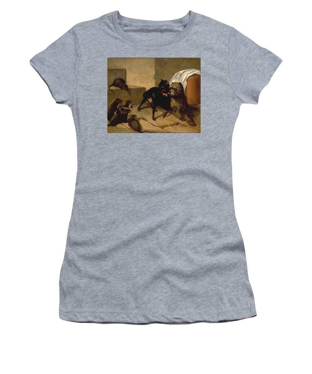 Two Dogs Cowering Before Rats Women's T-Shirt featuring the painting Two Dogs Cowering before Rats by MotionAge Designs