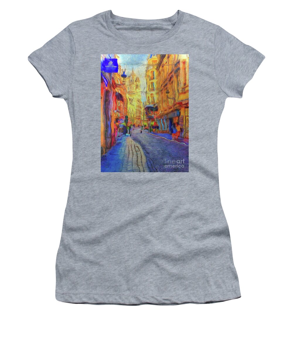  Women's T-Shirt featuring the digital art Two nights in Brussels 12 - Distant Spires by Leigh Kemp