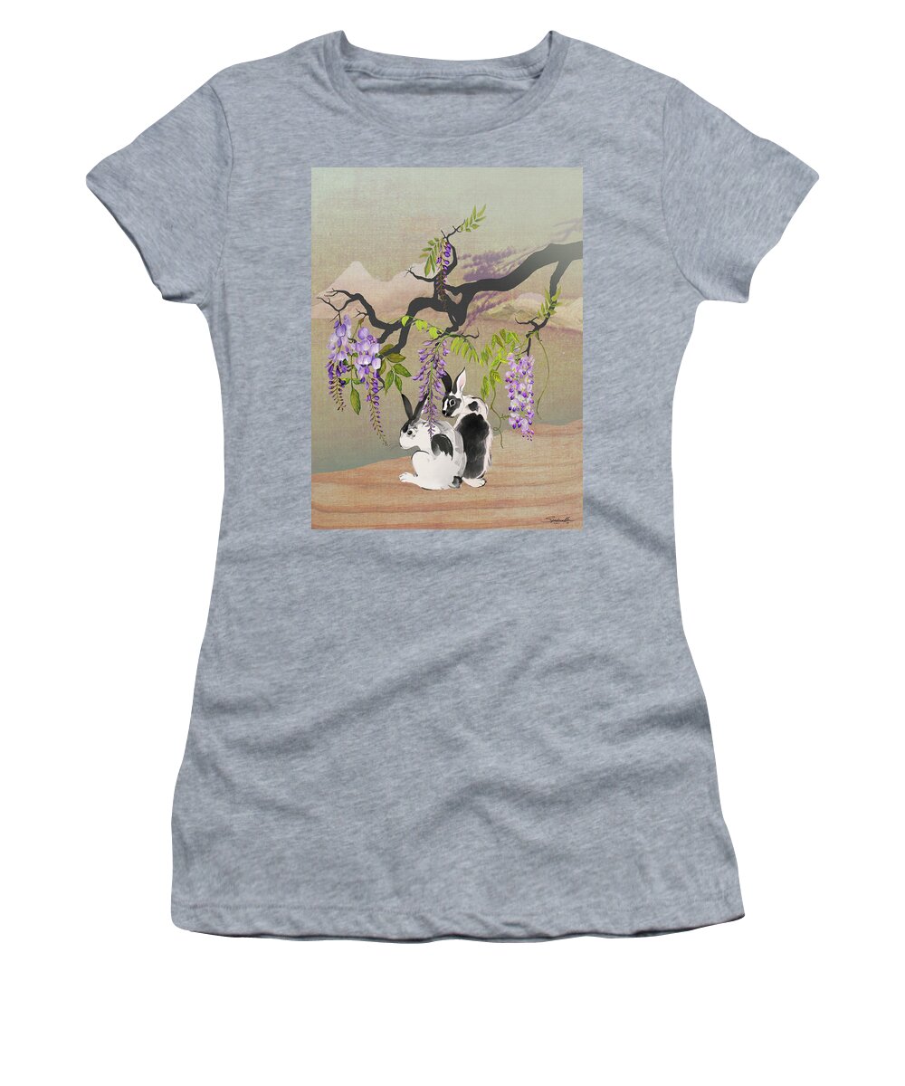 Rabbit Women's T-Shirt featuring the digital art Two Rabbits Under Wisteria Tree by M Spadecaller