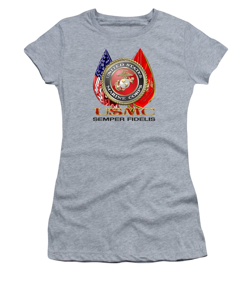 'military Insignia & Heraldry 3d' Collection By Serge Averbukh Women's T-Shirt featuring the digital art U. S. Marine Corps U S M C Emblem on Red by Serge Averbukh