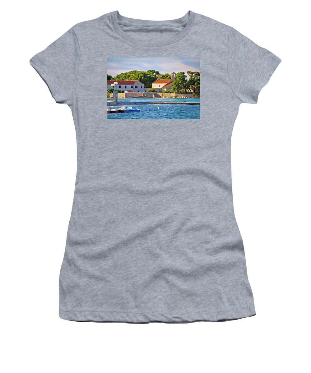 Ugljan Women's T-Shirt featuring the photograph Ugljan island village old church and beach view by Brch Photography