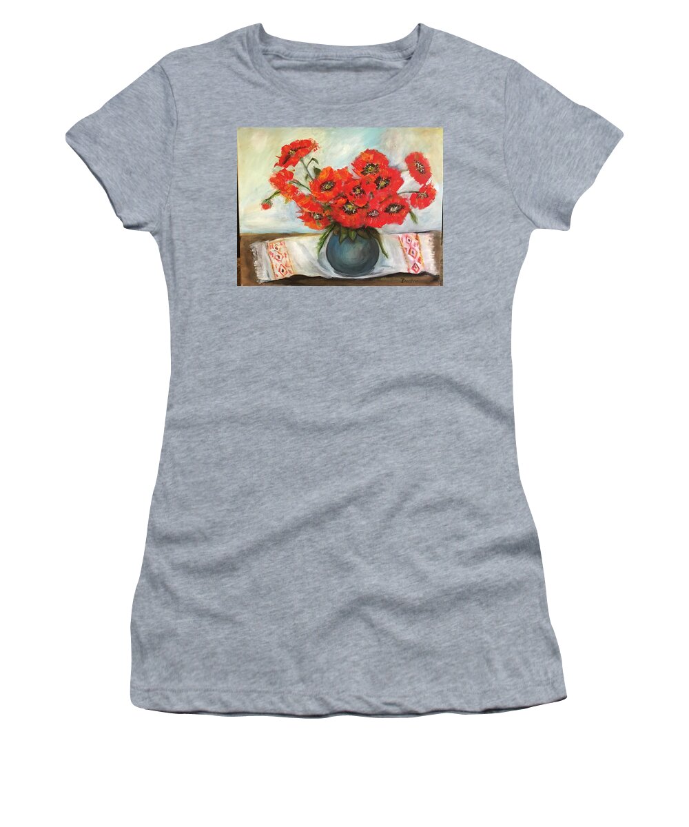 Red Poppies Women's T-Shirt featuring the mixed media Ukrainian Poppies by Denice Palanuk Wilson