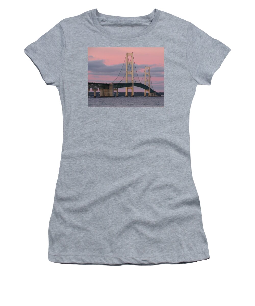 Mackinac Bridge Women's T-Shirt featuring the photograph Under a Rose Colored Sky by Keith Stokes