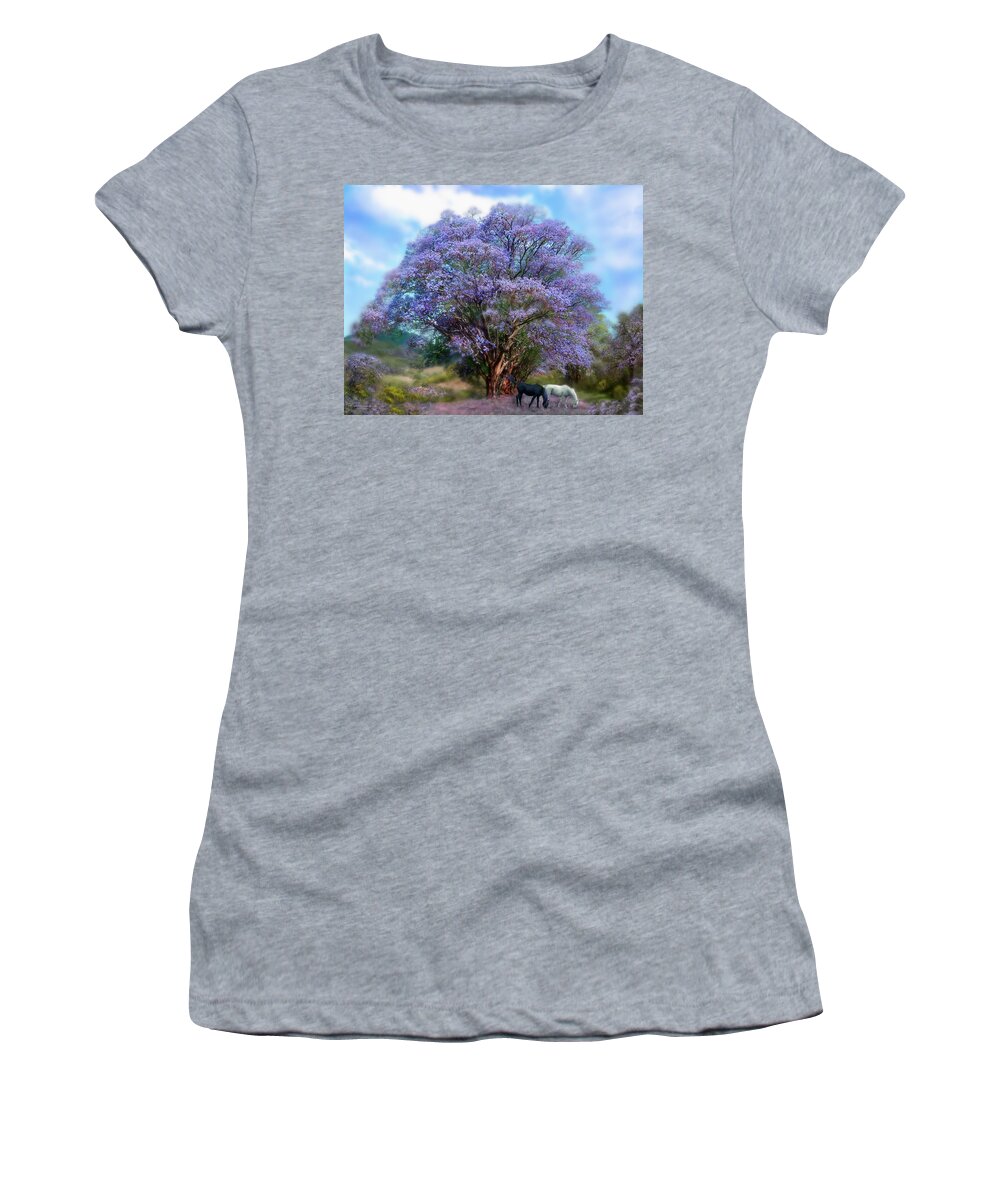 Jacaranda Tree Women's T-Shirt featuring the mixed media Under The Jacaranda by Carol Cavalaris