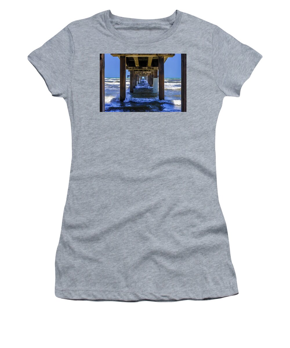 Bob Hall Women's T-Shirt featuring the photograph Underneath Bob Hall Pier - Padre Island by Debra Martz