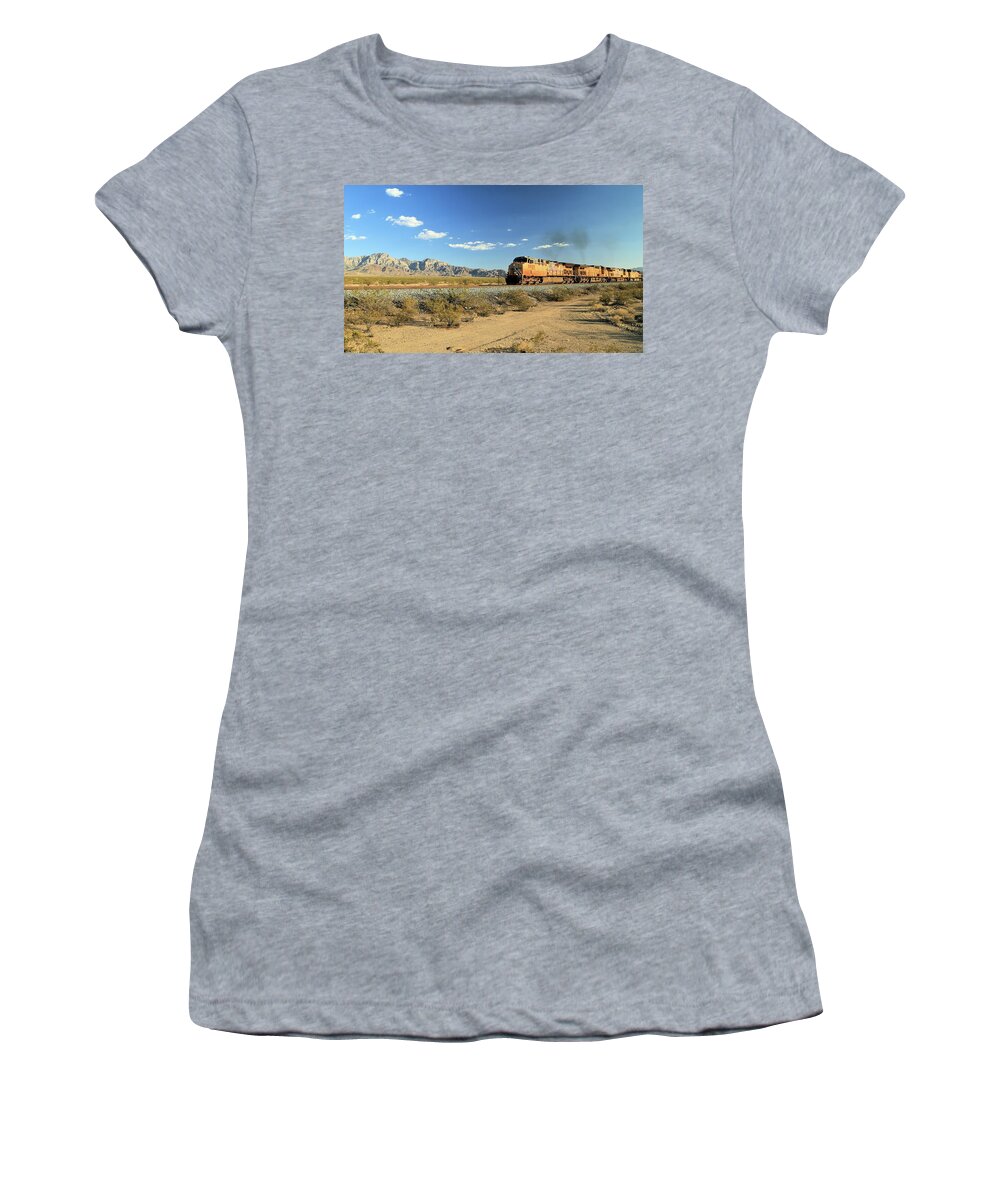 Photosbymch Women's T-Shirt featuring the photograph Union Pacific through Mojave by M C Hood