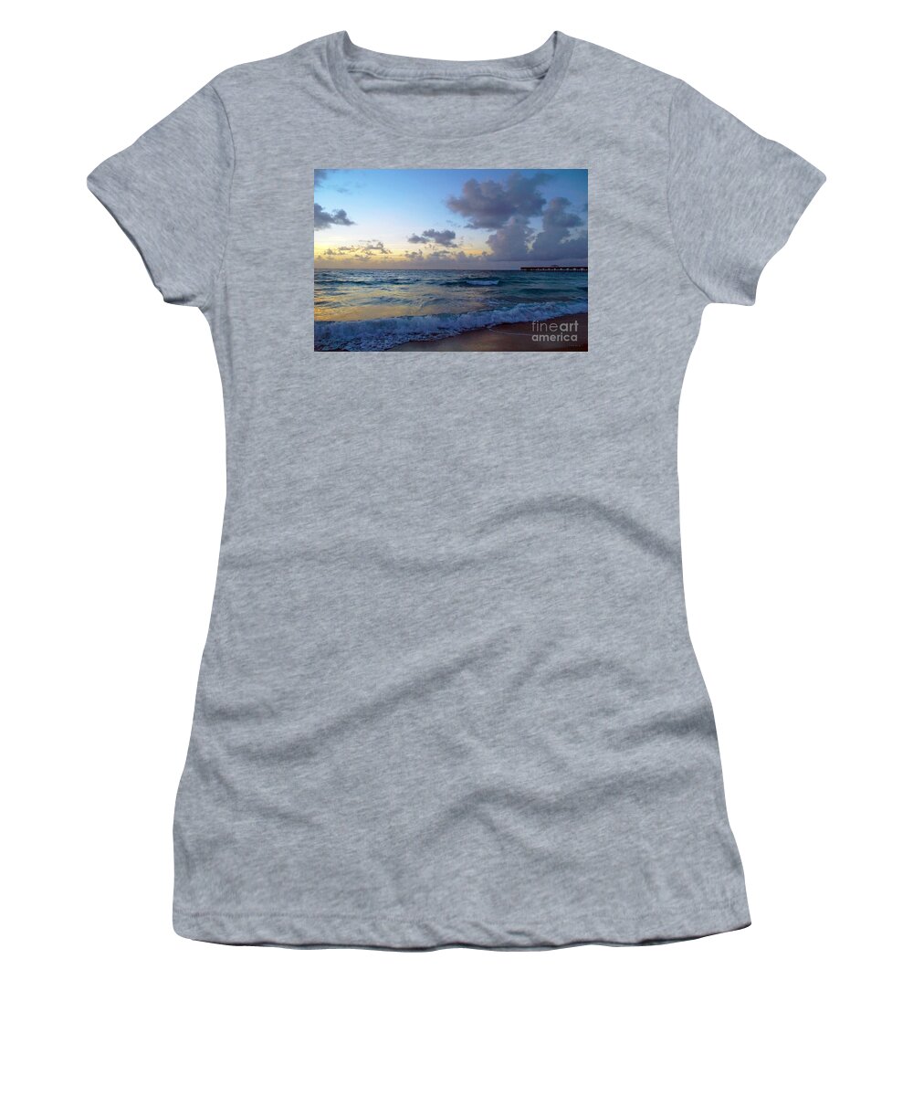 Aqua Women's T-Shirt featuring the photograph Juno Beach Pier Florida Sunrise Seascape C9 by Ricardos Creations