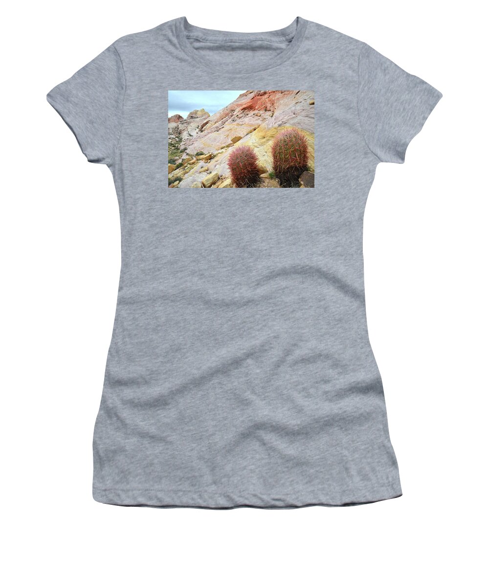 Valley Of Fire State Park Women's T-Shirt featuring the photograph Valley of Fire Barrel Cactus by Ray Mathis