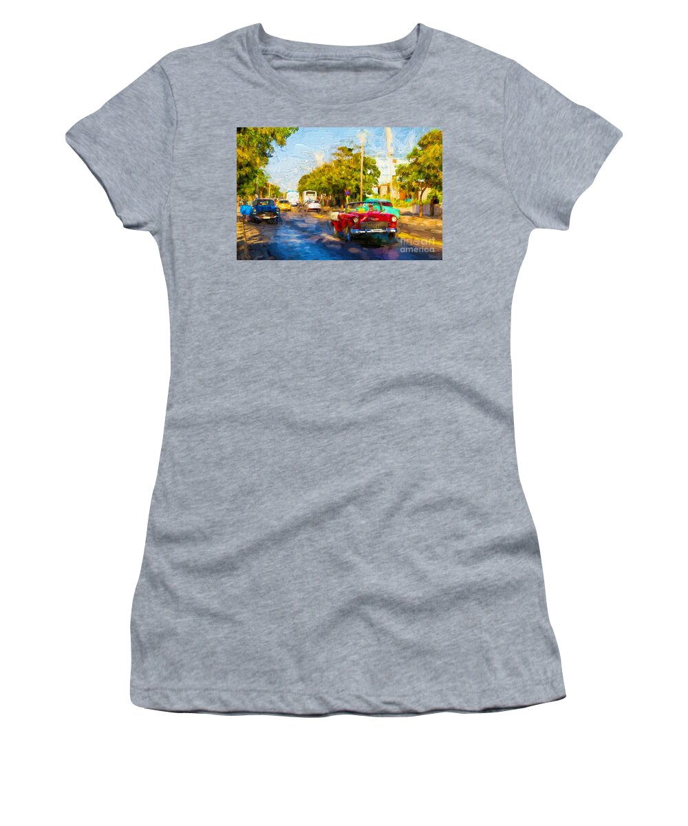 Varadero Women's T-Shirt featuring the photograph Vintage Cars in Varadero by Les Palenik