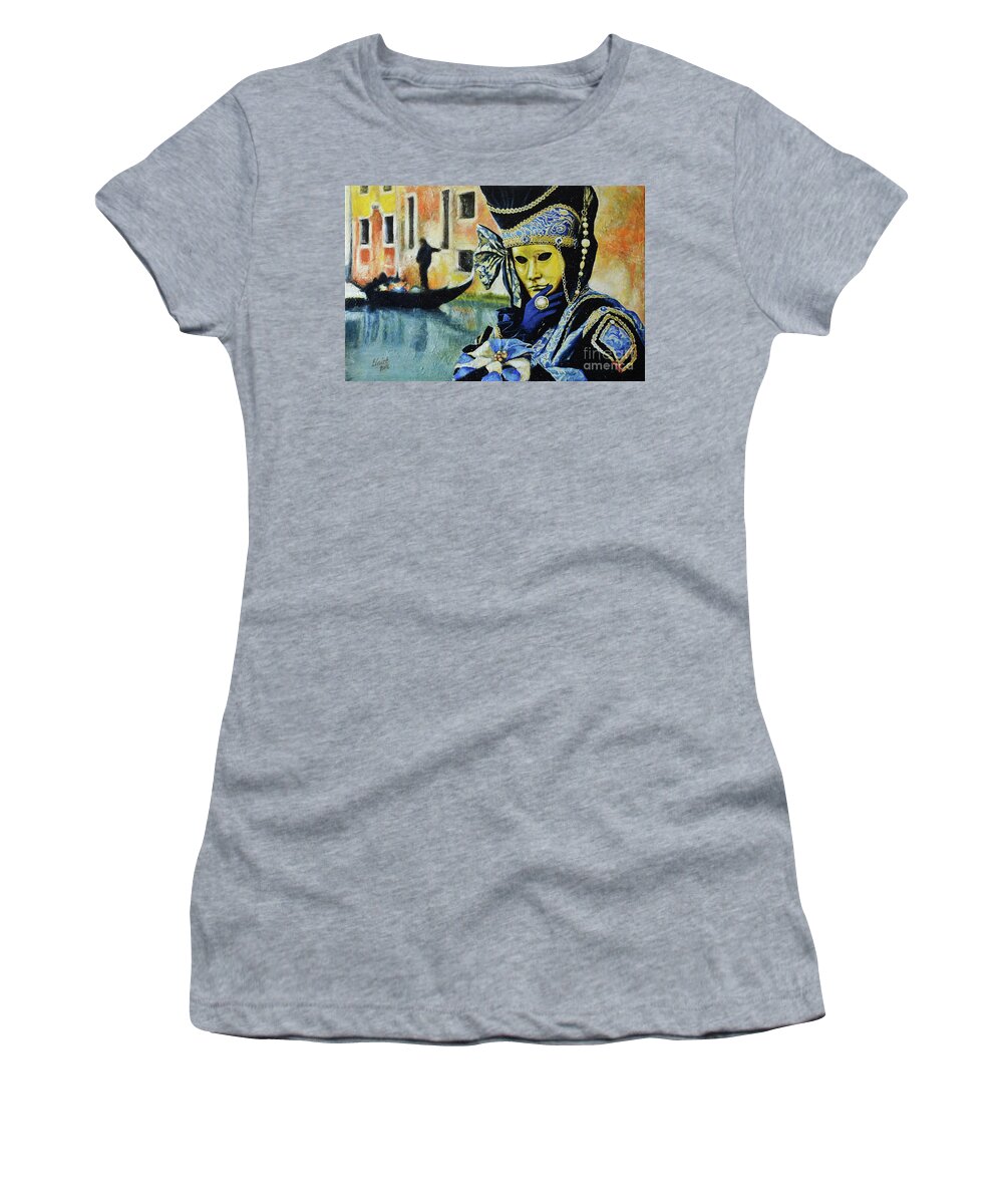 Venetian Mask Women's T-Shirt featuring the painting Venetian Mask and Gondola by Elaine Berger