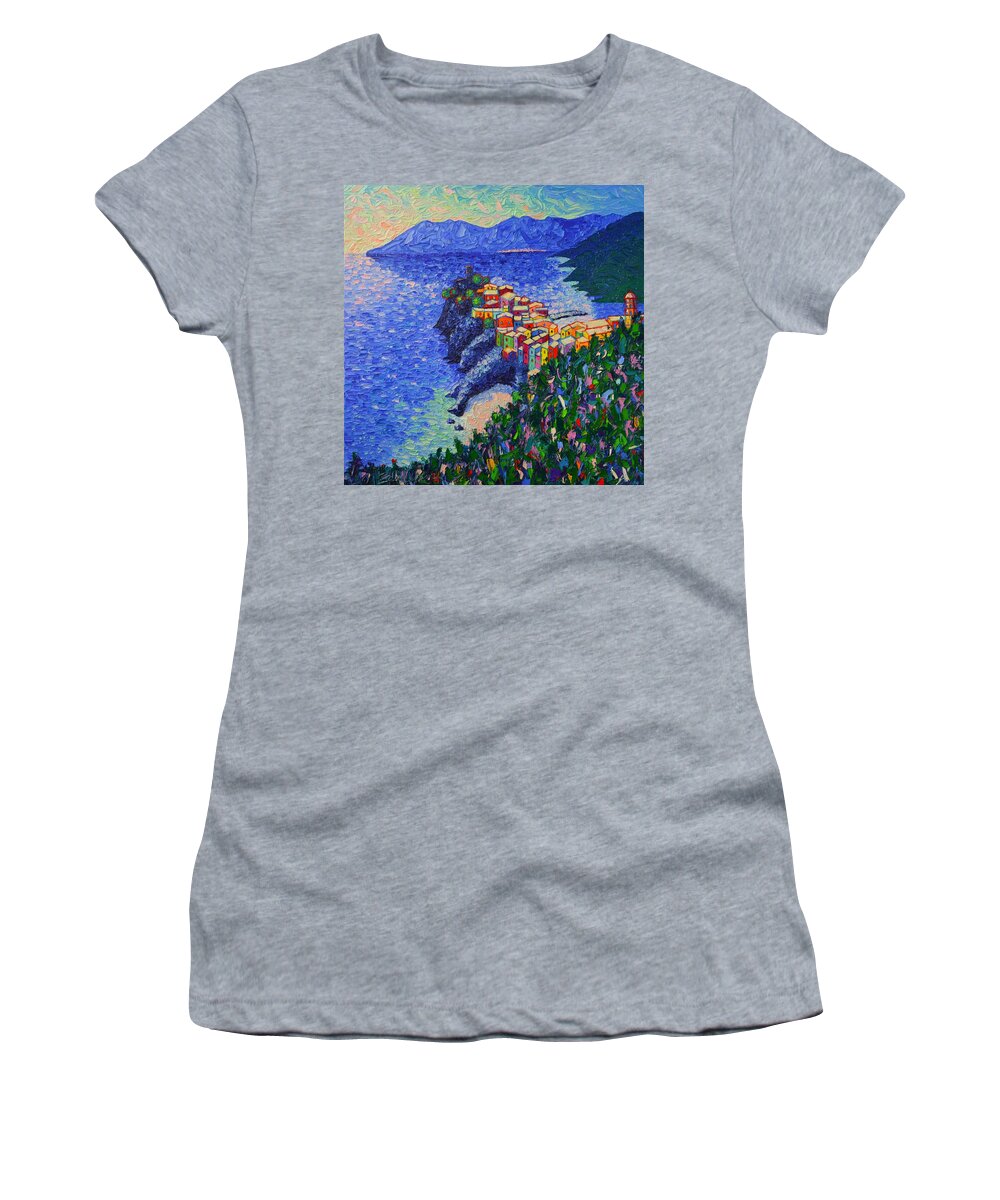 Vernazza Women's T-Shirt featuring the painting Vernazza Light Cinque Terre Italy Modern Impressionist Palette Knife Oil Painting Ana Maria Edulescu by Ana Maria Edulescu
