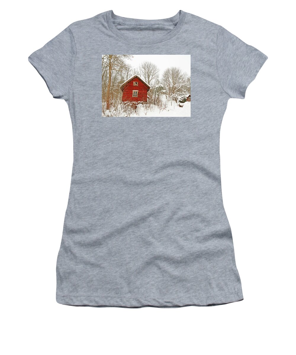 House Women's T-Shirt featuring the photograph Very old red wooden house in a snowy forest by GoodMood Art