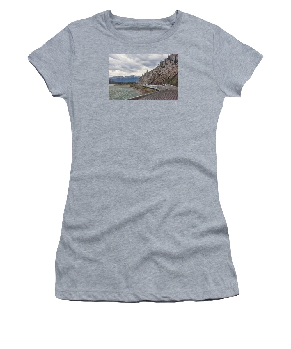 Via Rail Women's T-Shirt featuring the photograph VIA Rail in the Canadian Rockies by John Black