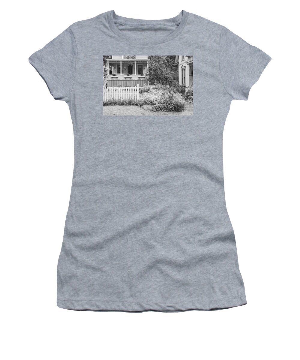 Cottage Women's T-Shirt featuring the photograph Victorian Style Cottage Northport Maine Black and White Photo by Keith Webber Jr