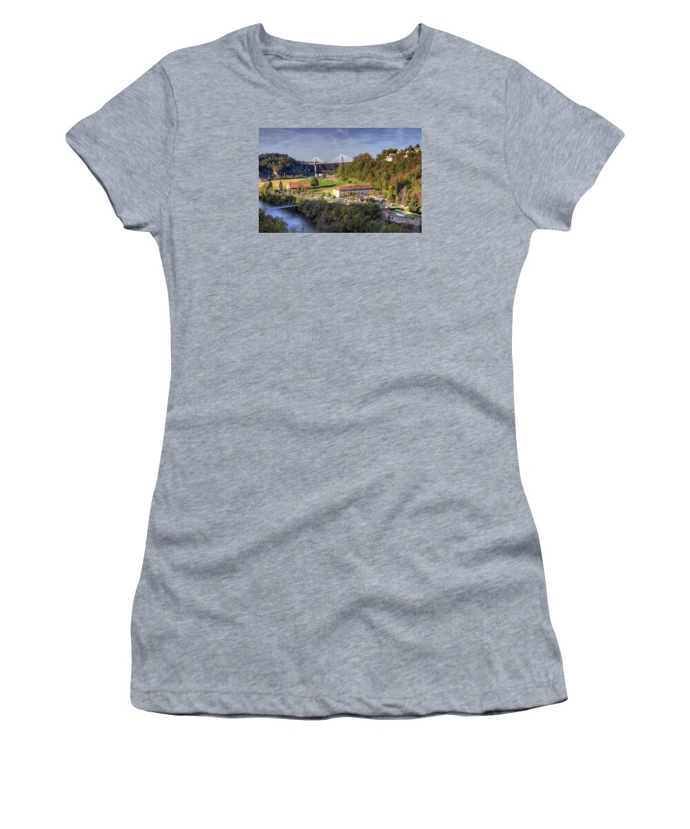 Fribourg Women's T-Shirt featuring the photograph View of Poya bridge, Fribourg, Switzerland, HDR by Elenarts - Elena Duvernay photo