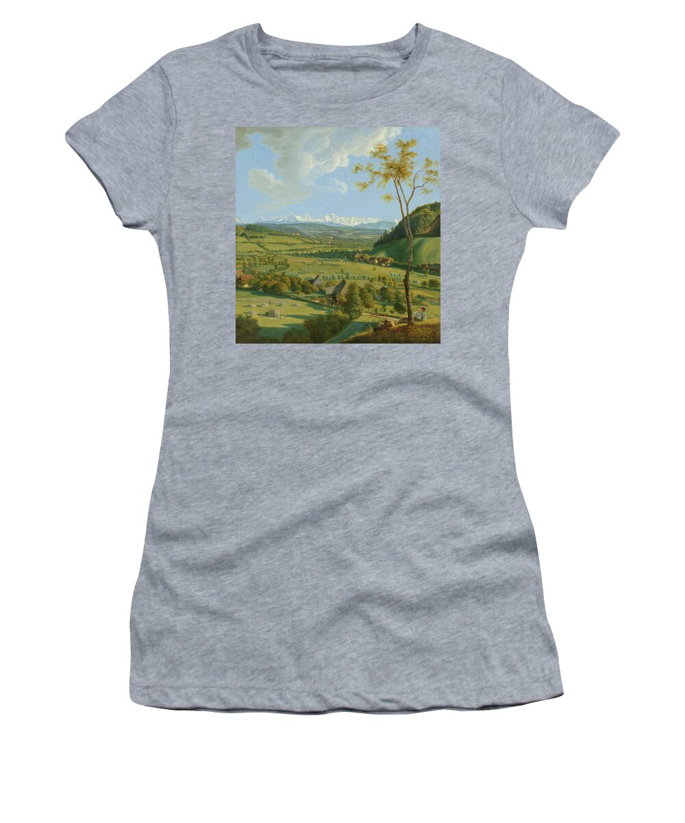 Bonstetten Women's T-Shirt featuring the painting View of the Bernese Alps near Sinneringen by MotionAge Designs