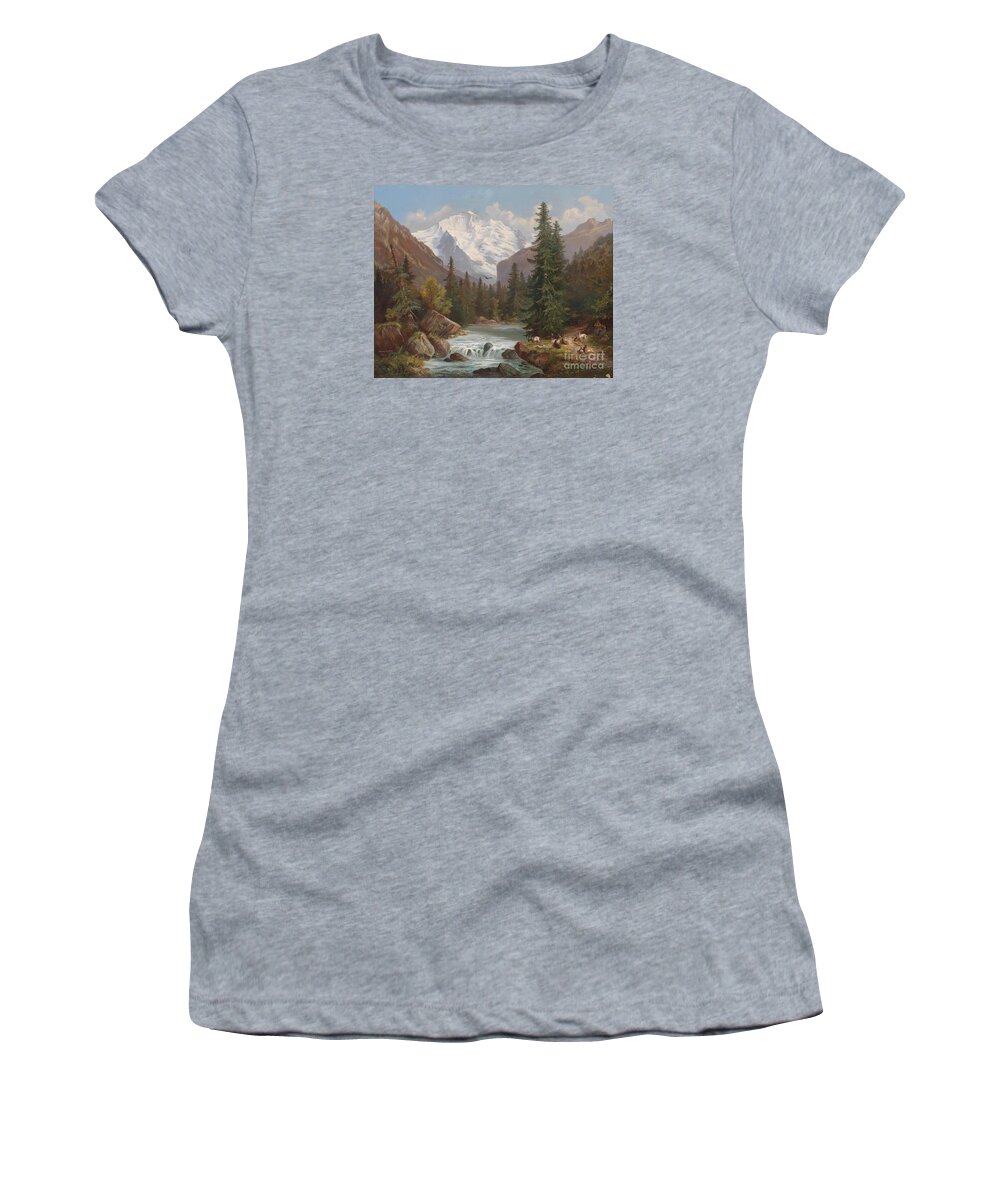 Hubert Sattler (vienna 1817-1904) View Of The Jungfrau Women's T-Shirt featuring the painting View of the Jungfrau by MotionAge Designs