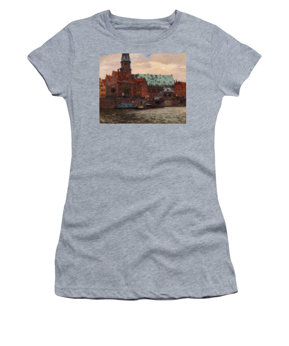 Painting Women's T-Shirt featuring the painting View Of The St. Katharine Church In Hamburg by Mountain Dreams