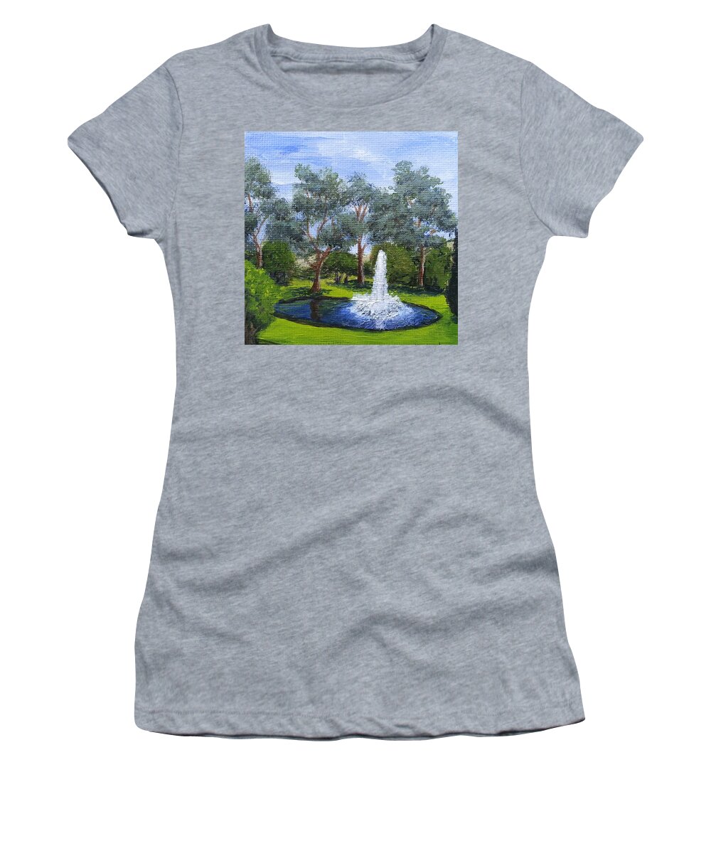 Landscape Women's T-Shirt featuring the painting Village Fountain by Mishel Vanderten