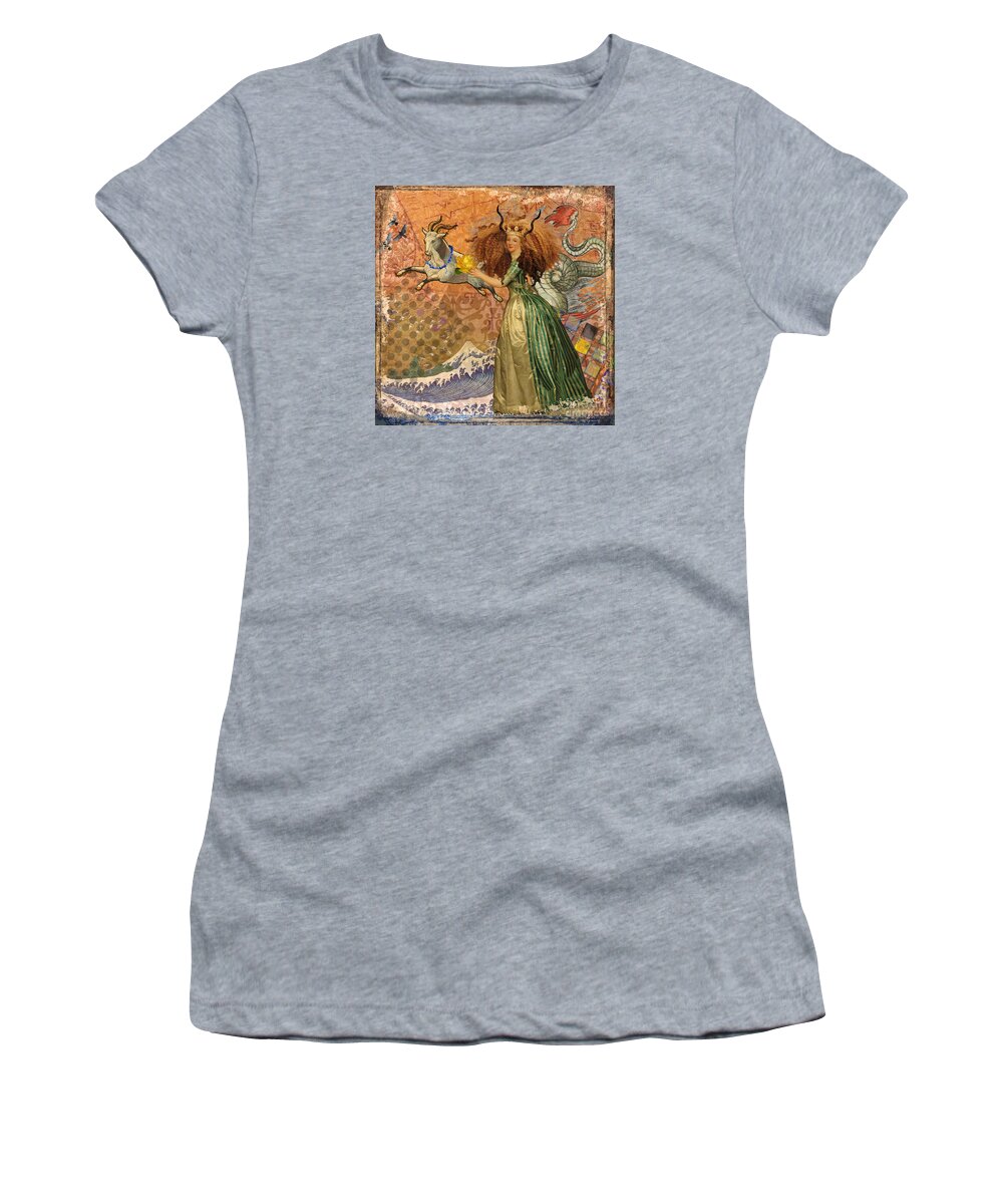 Doodlefly Women's T-Shirt featuring the digital art Vintage Golden Woman Capricorn Gothic Whimsical Collage by Mary Hubley