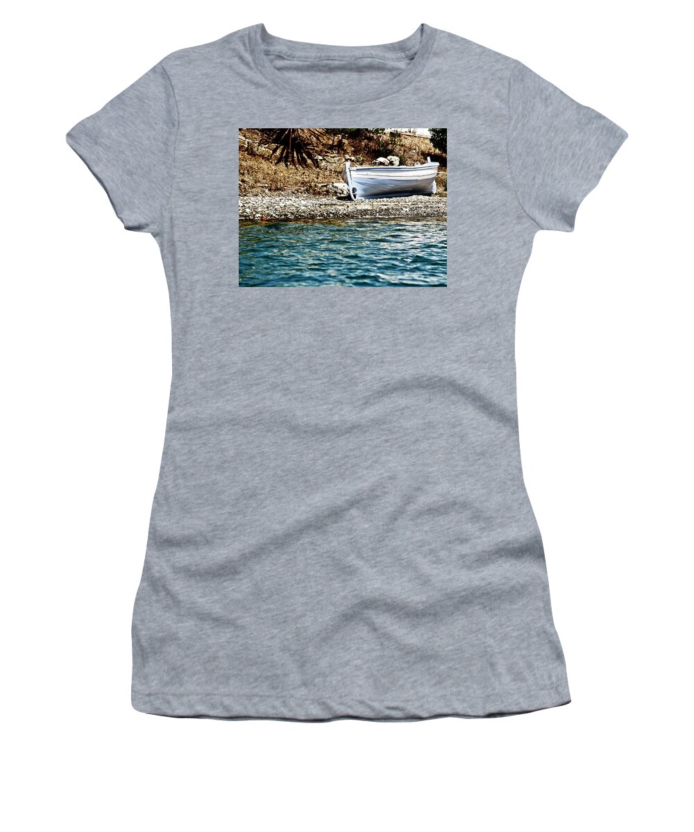 Boat Women's T-Shirt featuring the photograph Vintage grey boat so close so far by Pedro Cardona Llambias