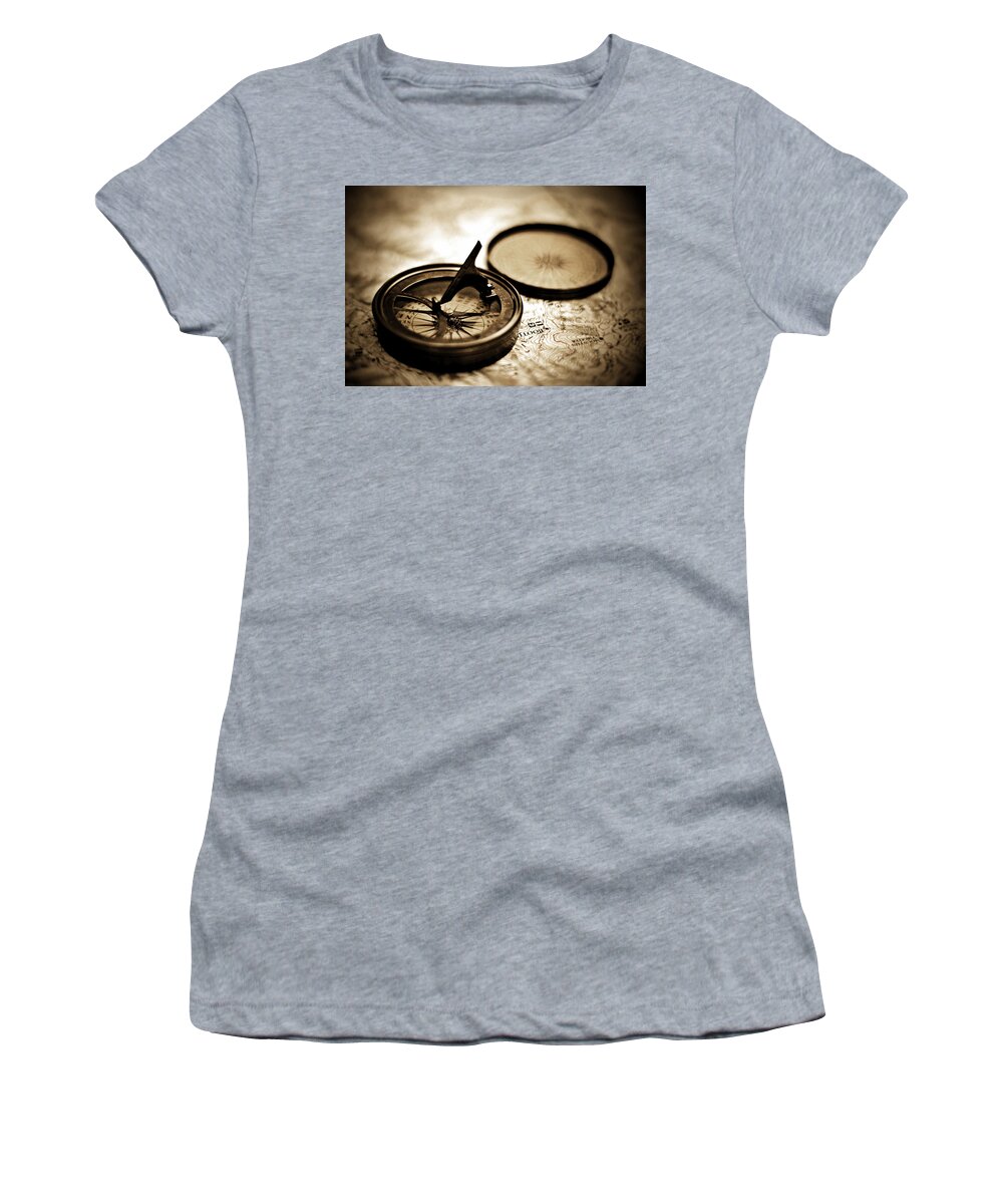Sundial Women's T-Shirt featuring the photograph Vintage Sundial Compass On Top Of Map by Serena King