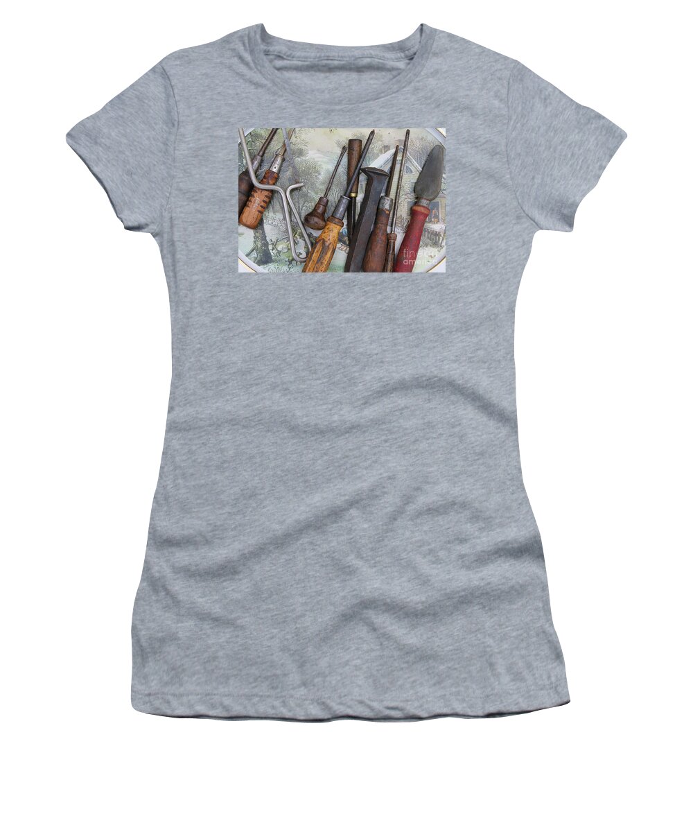 Country Women's T-Shirt featuring the photograph Vintage Tools and Railway Spike on a Country Platter by Nina Silver