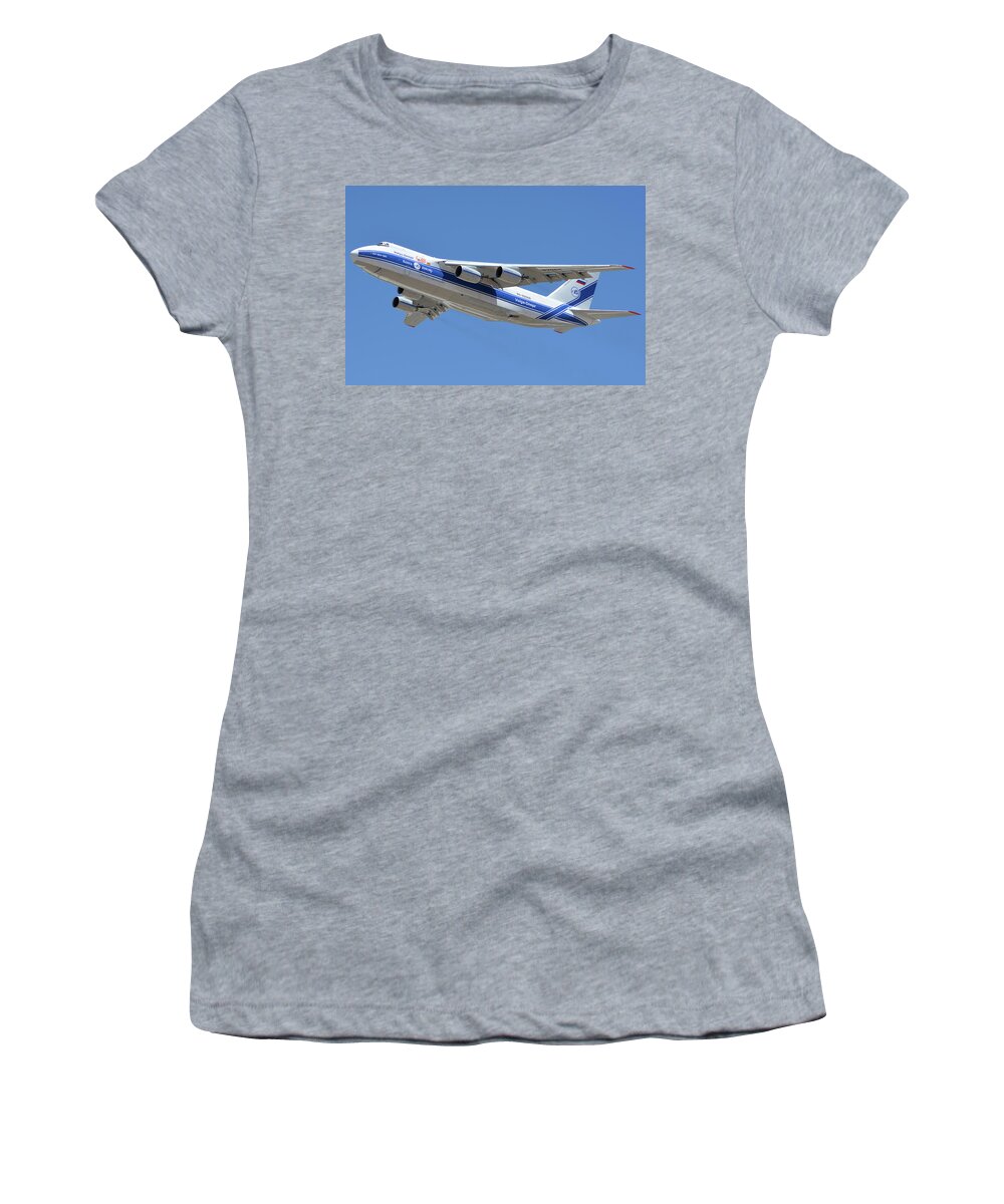 Airplane Women's T-Shirt featuring the photograph Volga-Dnepr An-124 RA-82068 Take-off Phoenix Sky Harbor June 15 2016 by Brian Lockett