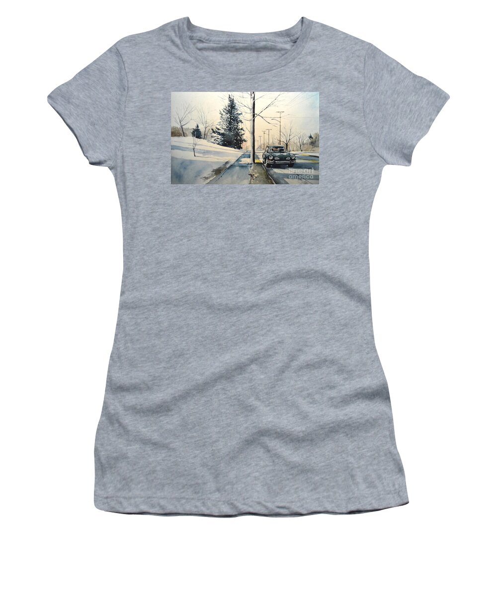 Volkswagen Women's T-Shirt featuring the painting Volkswagen Karmann Ghia on snowy road by Christopher Shellhammer