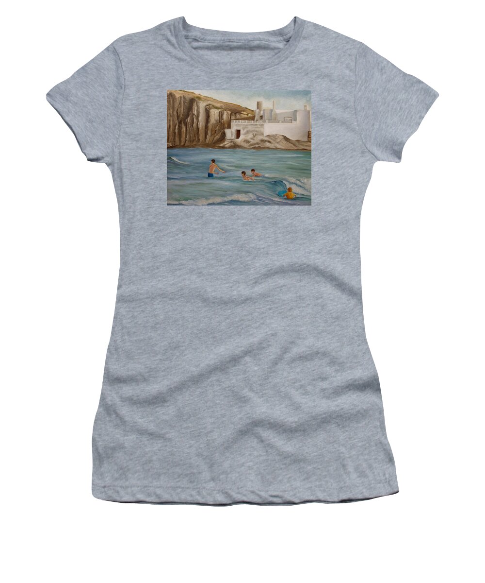 Waves Women's T-Shirt featuring the painting Waiting For The Waves by Angeles M Pomata