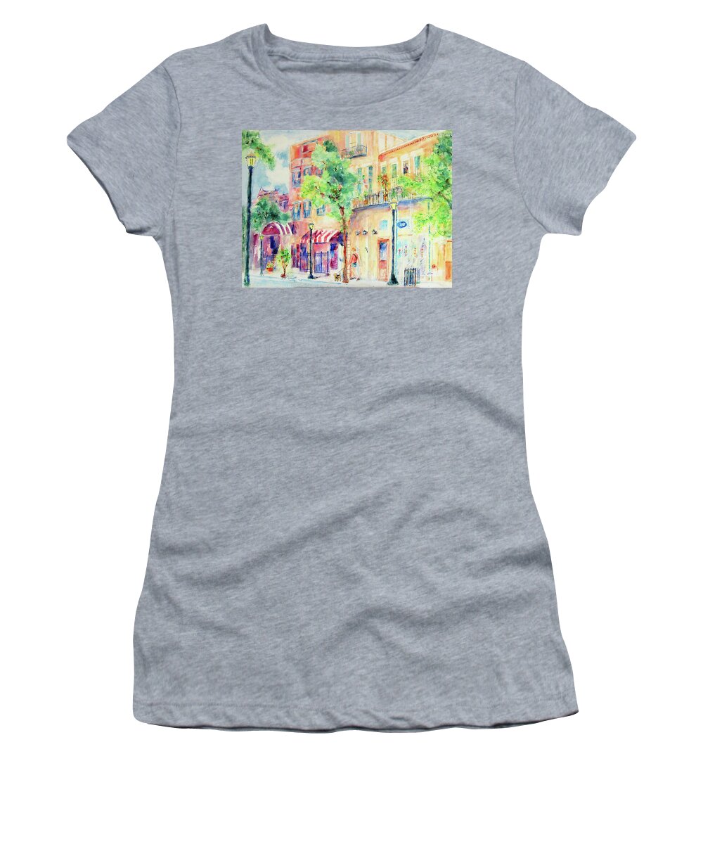 Cityscape Women's T-Shirt featuring the painting Walking Along Dauphin Street by Jerry Fair