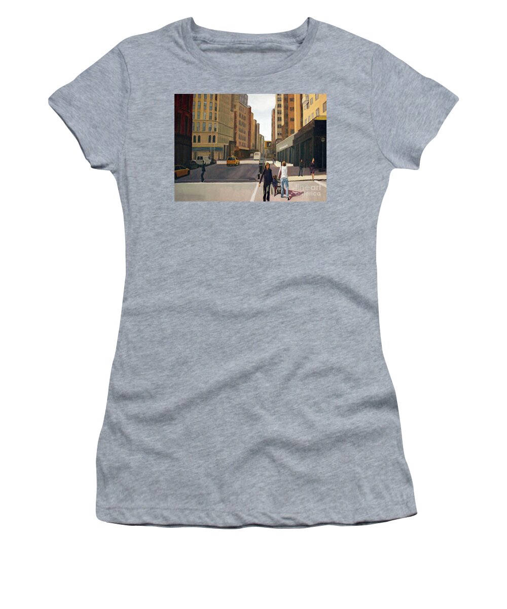 Cityscape Women's T-Shirt featuring the painting Walking the lines by Tate Hamilton
