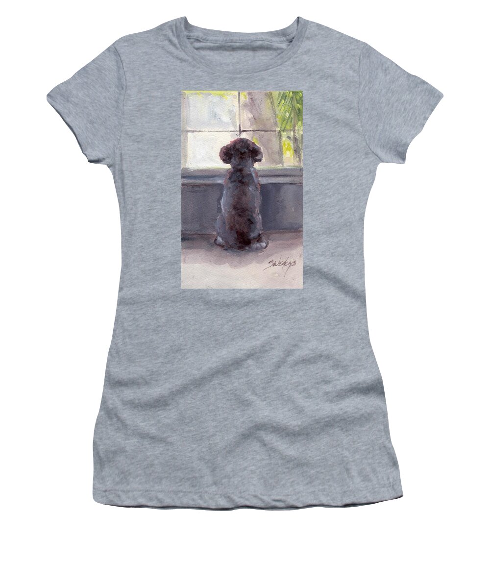 Grey Poodle Women's T-Shirt featuring the painting Watching For Spring by Sheila Wedegis