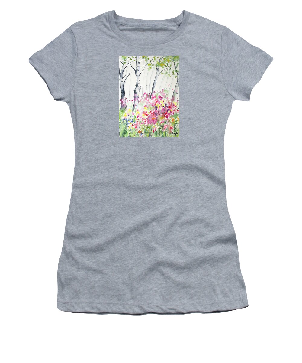 Aspen Women's T-Shirt featuring the painting Watercolor - Birch and Wildflowers by Cascade Colors