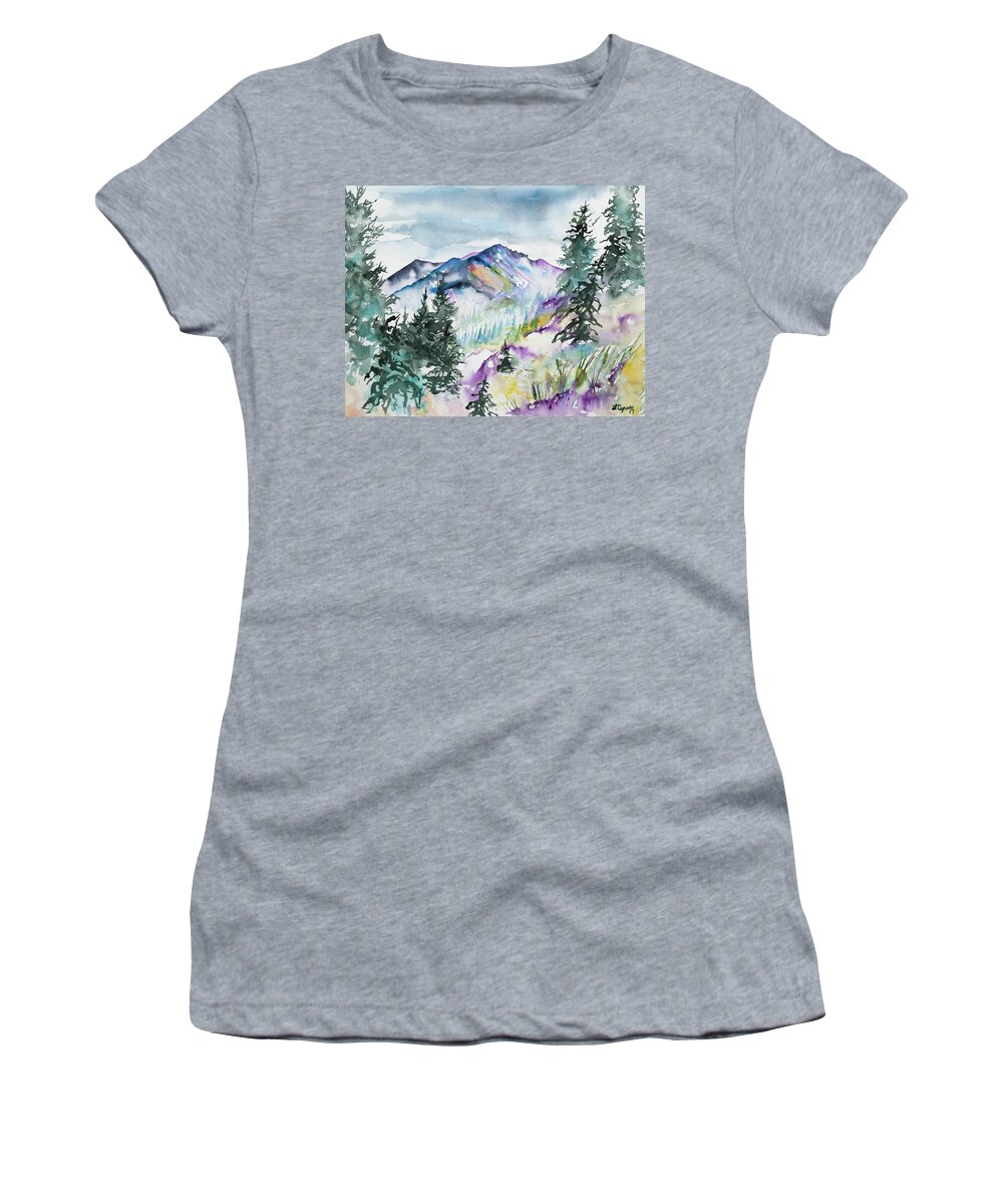 Long's Peak Women's T-Shirt featuring the painting Watercolor - Long's Peak Summer Landscape by Cascade Colors