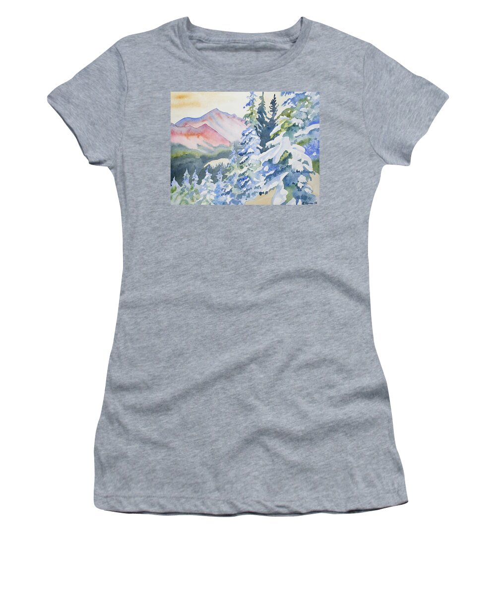 Long's Peak Women's T-Shirt featuring the painting Watercolor - Long's Peak Winter Landscape by Cascade Colors