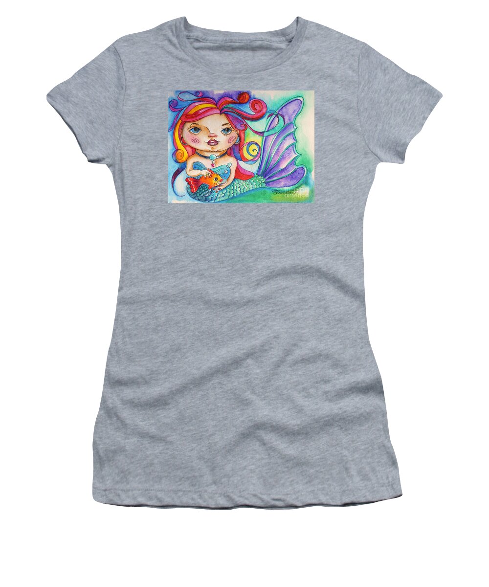 Mermaid Women's T-Shirt featuring the mixed media Watercolor Mermaidia Mermaid Painting by Shelley Overton