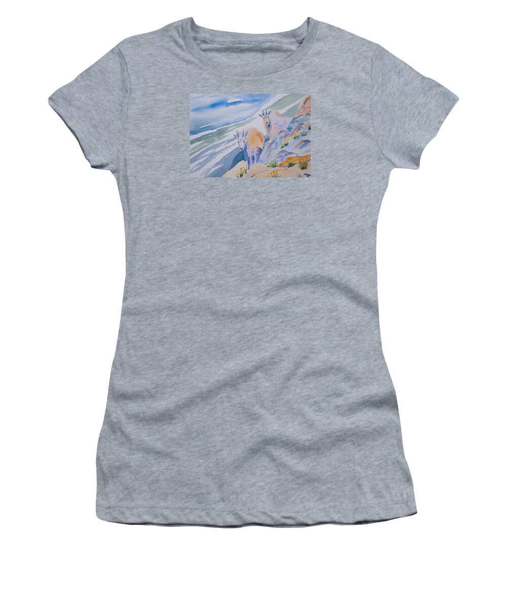 Mountain Goat Women's T-Shirt featuring the painting Watercolor - Mountain Goats on Quandary by Cascade Colors
