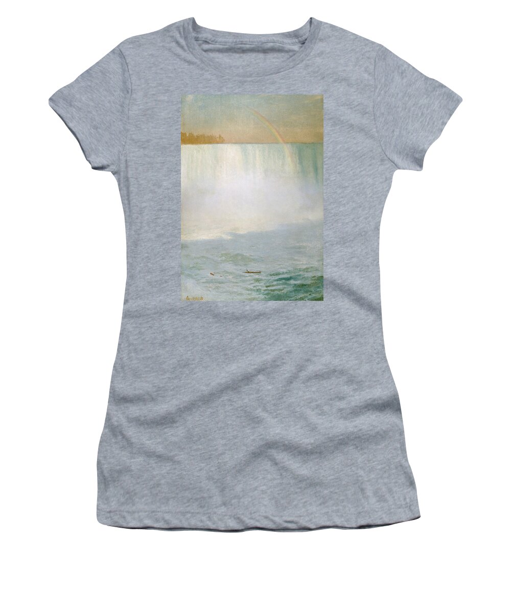 Waterfall And Rainbow Women's T-Shirt featuring the painting Waterfall and Rainbow at Niagara Falls by Albert Bierstadt