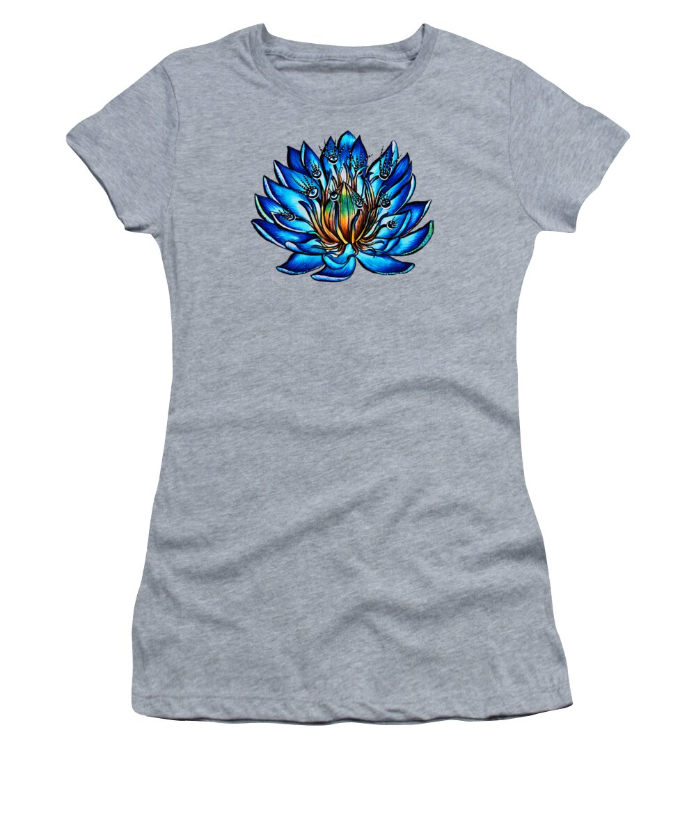 Nature Women's T-Shirt featuring the drawing Weird Multi Eyed Blue Water Lily Flower by Boriana Giormova