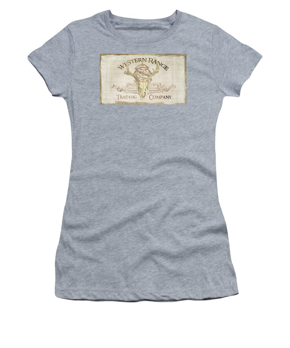 Western Women's T-Shirt featuring the painting Western Range 3 Old West Deer Skull Wooden Sign Trading Company by Audrey Jeanne Roberts