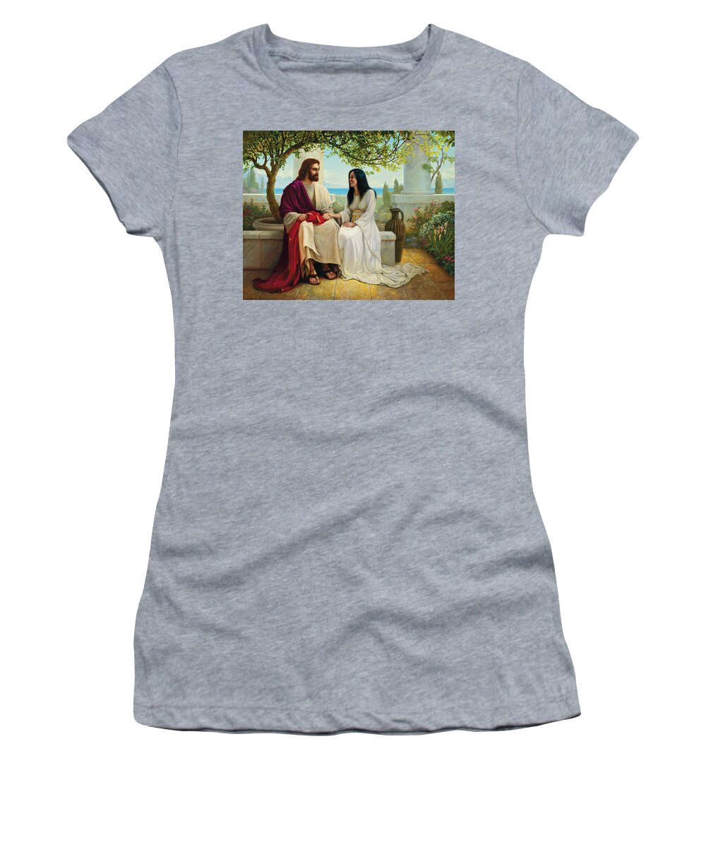Jesus Women's T-Shirt featuring the painting White as Snow by Greg Olsen