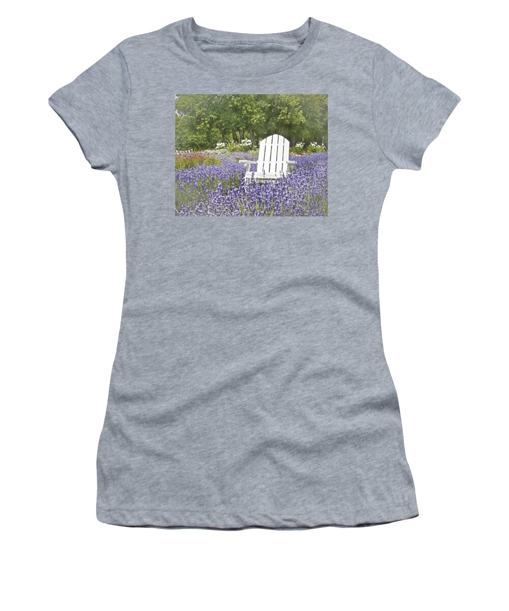 Adirondack Chair Women's T-Shirt featuring the photograph White Chair in a Field of Lavender Flowers by Brooke T Ryan