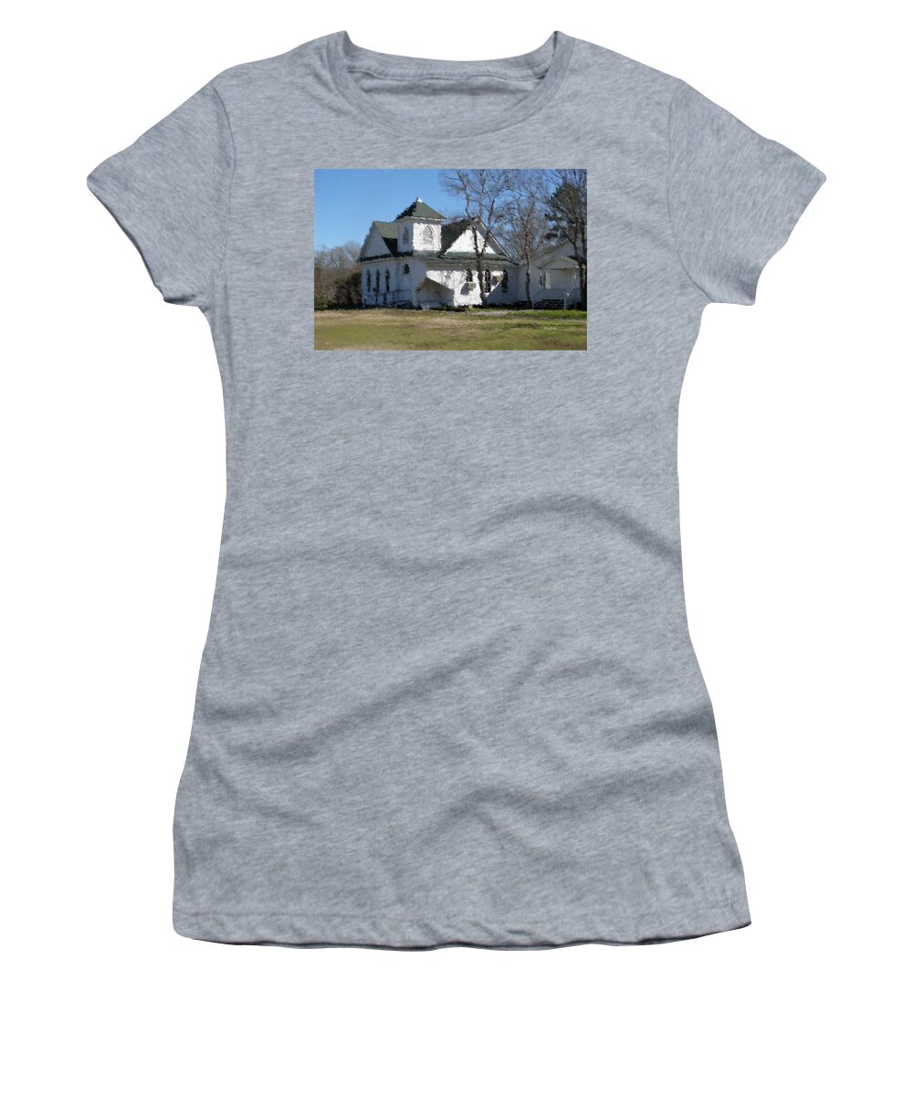 White Women's T-Shirt featuring the photograph White Church Near the Lake by Russell Owens