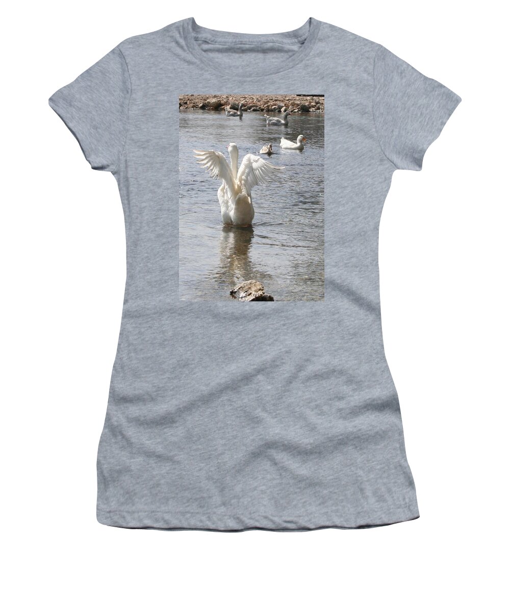 Duck Women's T-Shirt featuring the photograph White Duck Flapping Wings on Water by Taiche Acrylic Art