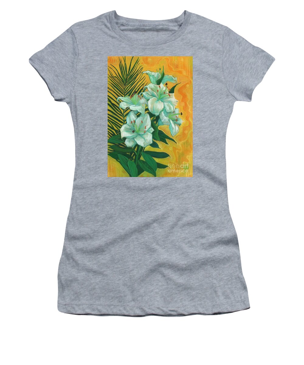 White Lily Women's T-Shirt featuring the painting White Lilies and Palm Leaf by Julia Khoroshikh
