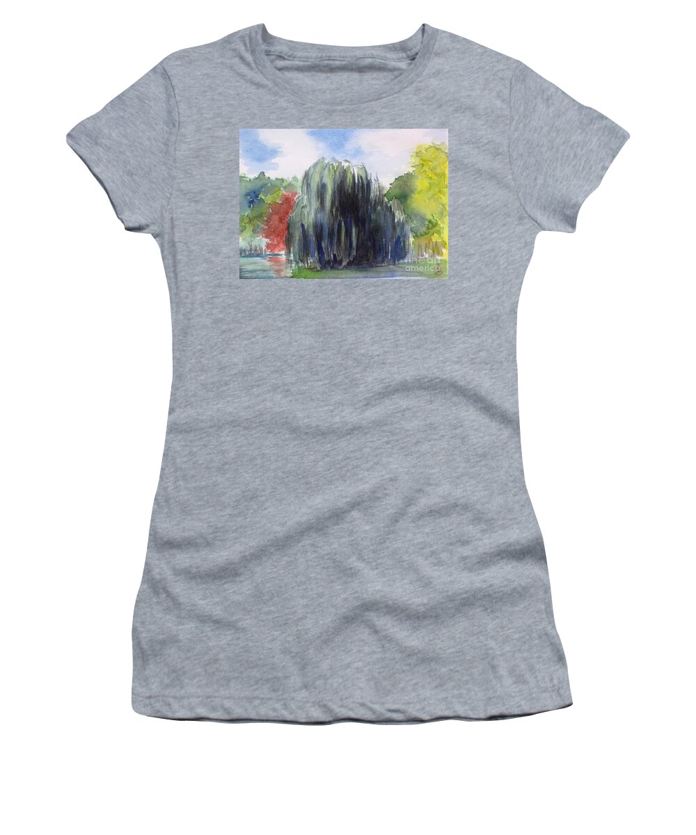 Willow Tree Women's T-Shirt featuring the painting Willow Tree -2 Hidden Lake Gardens -tipton Michigan by Yoshiko Mishina