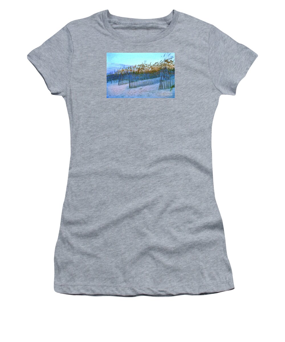 Fence Women's T-Shirt featuring the digital art Wind Fence on Beach by Linda Olsen