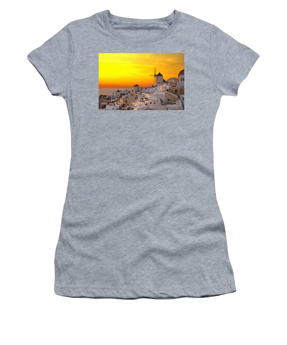 Santorini Women's T-Shirt featuring the photograph windmill of Oia at sunset, Santorini by Anastasy Yarmolovich