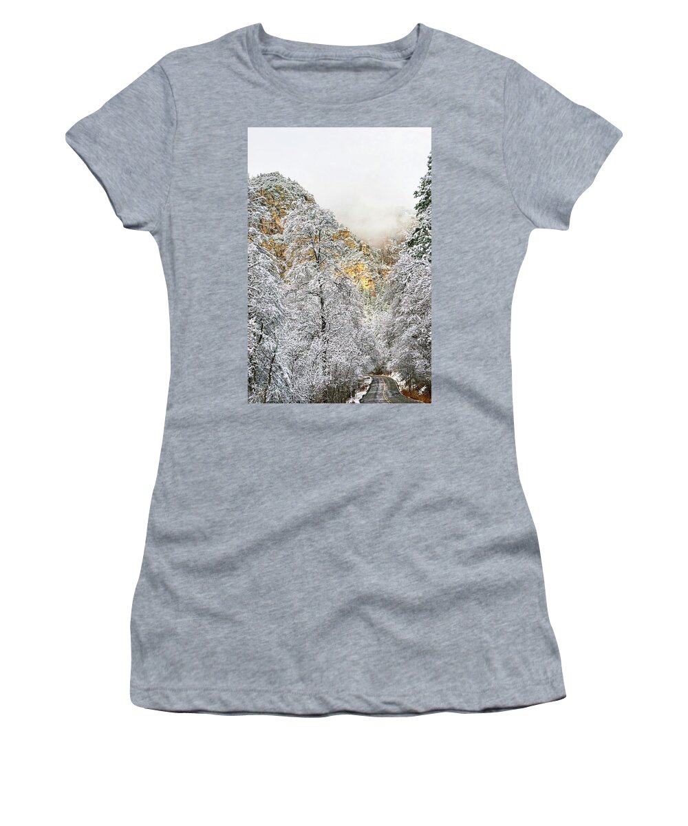 Oak Creek Canyon Women's T-Shirt featuring the photograph Winter Magic by Theo O'Connor